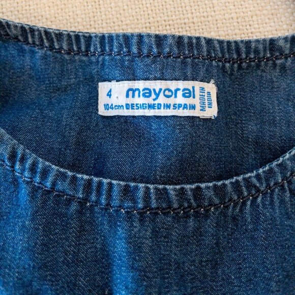 Mayoral Embroidered Denim Romper | Girls Size 4 (104 cm) | Floral Ruffle One-Pie - Picture 3 of 4